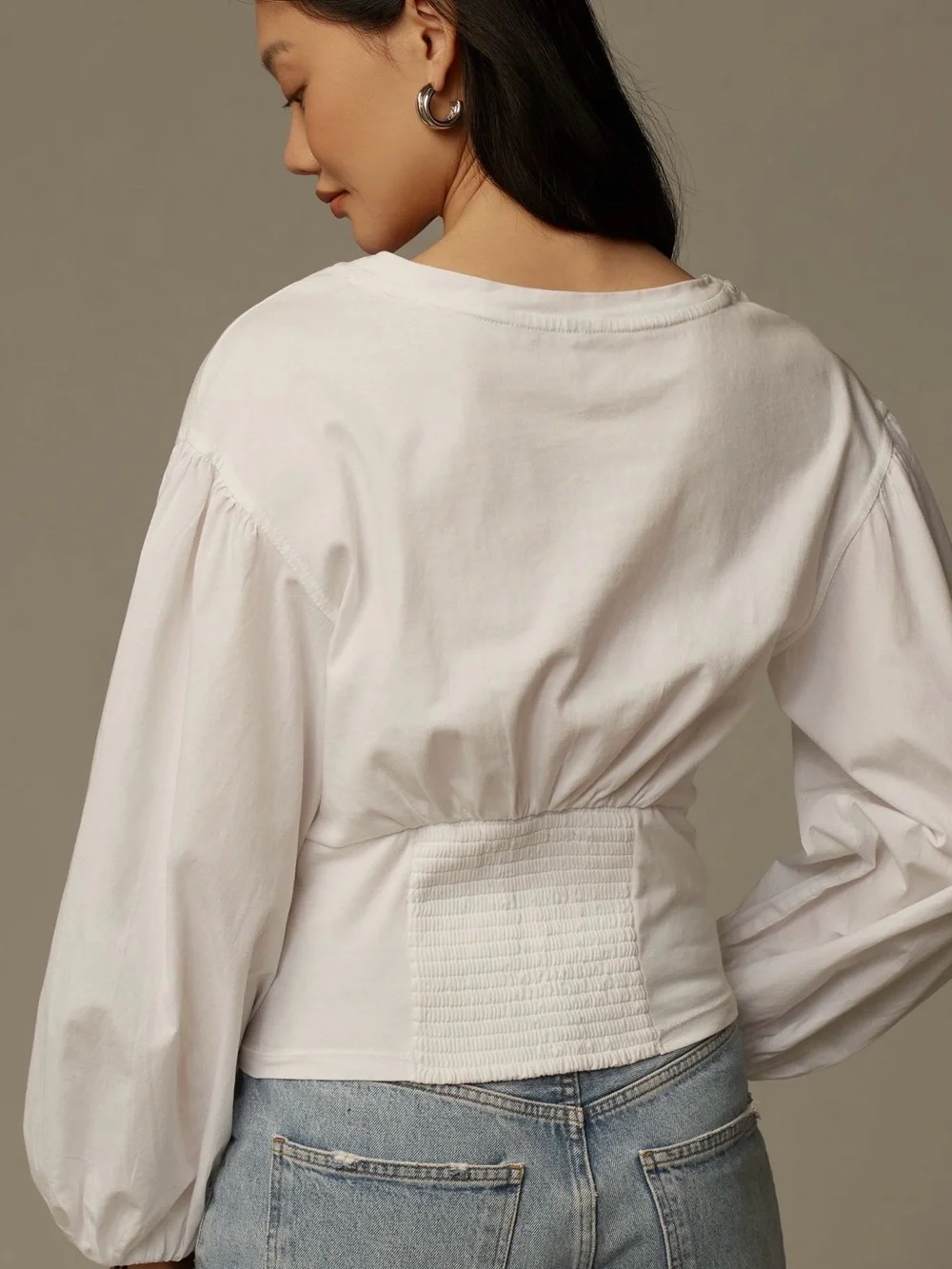 Anthropologie Balloon Sleeve White Corset-Detail Top